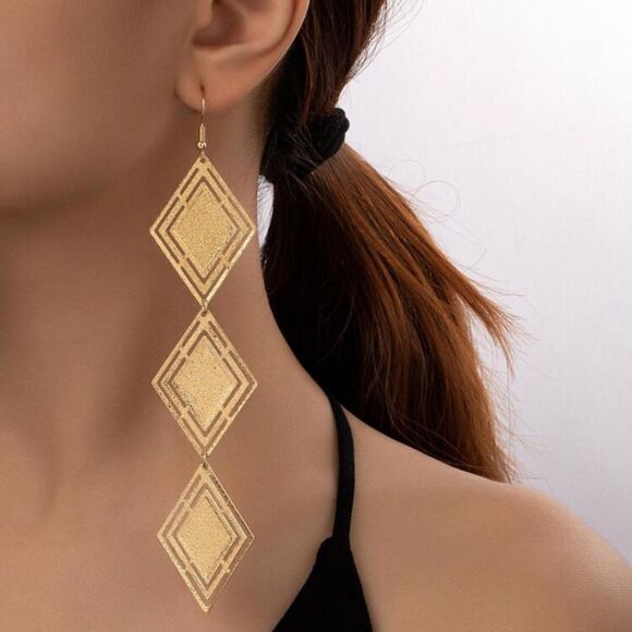 Jewelry - 3for$20 1pair Vintage Holiday Party Metal Geometric Rhombus Long Earrings